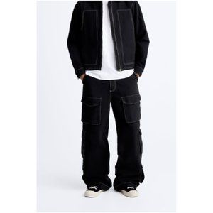 NWT Zara Man Utility Pocket Pants with Contrasting Topstitching Black Size 30
